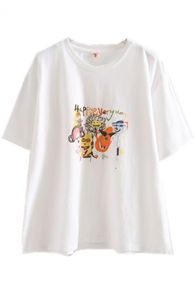 Letter Happy Every Day Cartoon Graphic Short Sleeve Round Neck Loose Chic Tee Top in White