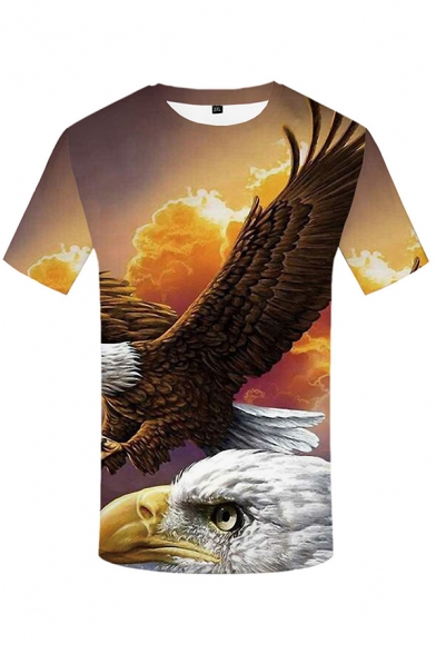 Popular Mens Short Sleeve Crew Neck 3D Eagle Printed Regular Fit T-Shirt in Yellow