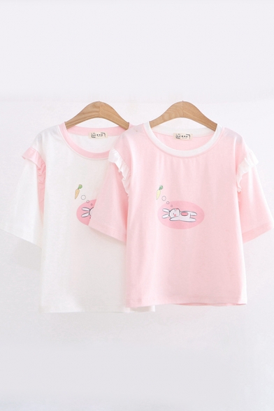 Pretty Girls Short Sleeve Round Neck Rabbit Printed Contrast Piped Ruffled Relaxed T Shirt