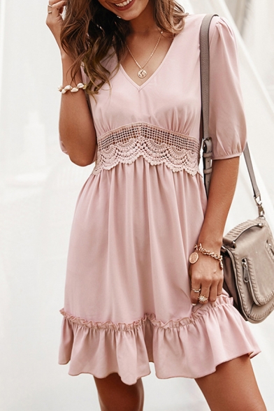 Pretty Ladies Solid Color Half Sleeves V-Neck Ruffled Lace Patched Short A-Line Dress