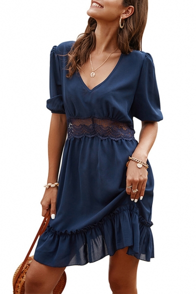 Pretty Ladies Solid Color Half Sleeves V-Neck Ruffled Lace Patched Short A-Line Dress