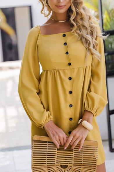 Pretty Stylish Womens Solid Color Blouson Sleeve Square Neck Button Down Pleated Back Short A-Line Dress in Yellow