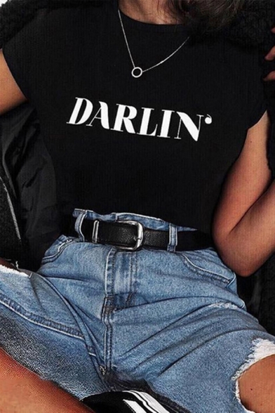 

Streetwear Ladies Short Sleeve Crew Neck Letter DARLIN Print Loose Fit Tee Top, Black;pink;white;gray, LC615634