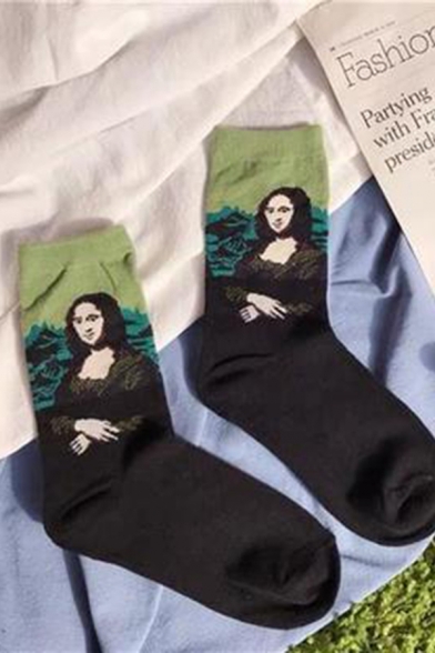 Stylish Funny Cartoon Mona Lisa Wave Angel Pattern Colorblock Socks