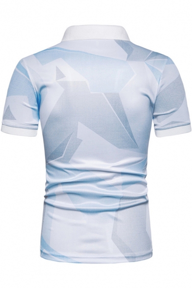 Casual Mens Short Sleeve Lapel Neck Button Up Colorblock Patterned Slim Fit Polo Shirt