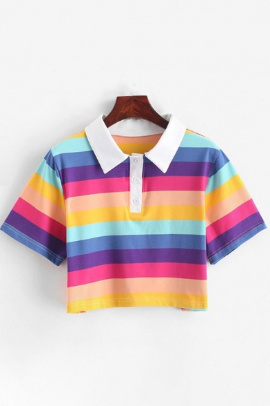 Chic Girls Short Sleeve Point Collar Button Up Colorful Striped Print Fit Crop Polo Shirt