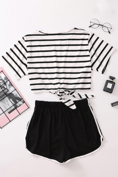 Chic Girls White Short Sleeve Round Neck Striped Tied Hem Fitted Crop Tee & Contrast Piped Shorts Set
