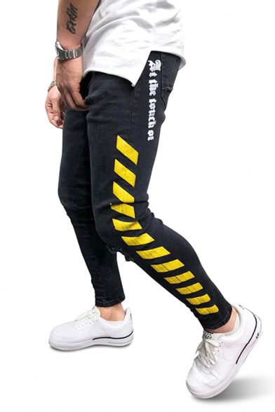 Cool Mens Mid Rise Letter Print Stripe Print Ripped Bleach Ankle Skinny Jeans in Black