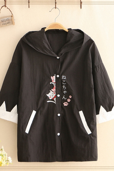 Girls Preppy Looks Three-Quarter Sleeve Hooded Button Up Japanese Letter Cat Embroidery Contrasted Relaxed Jacket