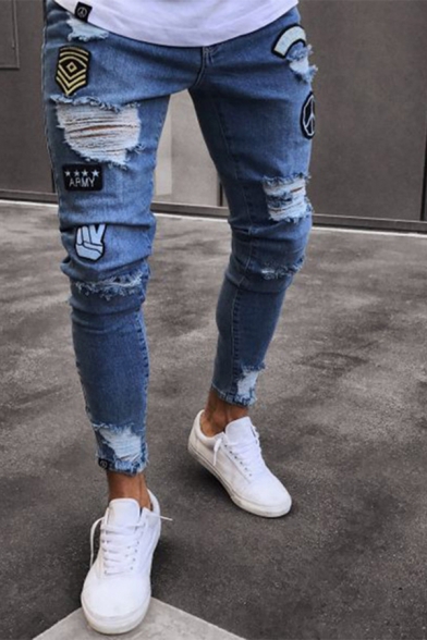 Hip Hop Boys Mid Rise Cartoon Badge Patched Ripped Ankle Fitted Jeans