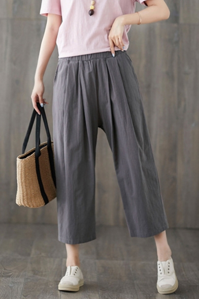 Leisure Plain Elastic Waist Linen and Cotton Pleated Ankle Length Wide-Leg Pants for Women