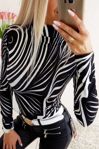 Unique Womens Long Sleeve Mock Neck Abstract Stripe Printed Slim Fitted T-Shirt in Black