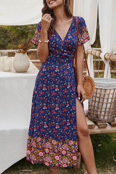 Womens Amazing Boho Short Sleeve Surplice Neck All Over Floral Pattern Bow Tie Waist Long A-Line Wrap Dress