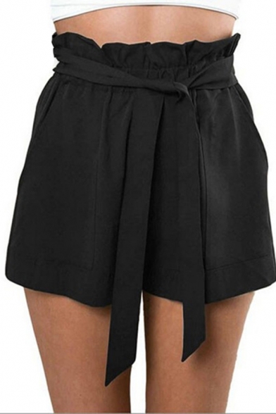 Chic Stylish Womens Bow Tie Waist Solid Color Relaxed Shorts