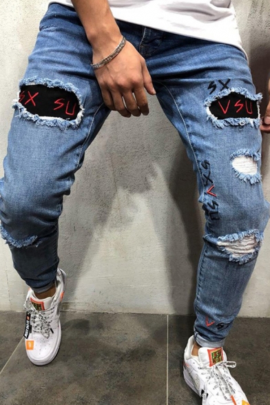 Cool Boys Mid Rise Letter VSU Print Distressed Bleach Rolled Edge Slim Fitted Jeans in Light Blue