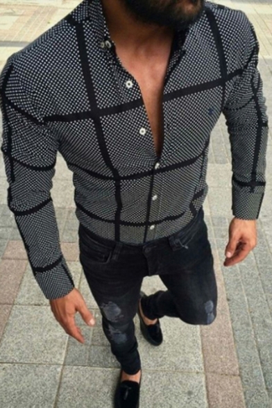 Cool Mens Black Long Sleeve Button-Down Collar Plaid Pattern Regular Fit Shirt Top