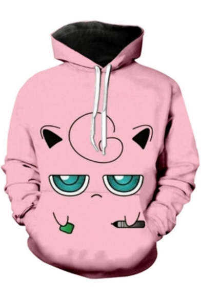 Cute Fashion Boys Long Sleeve Drawstring Cartoon Face 3D Pattern Pouch Pocket Relaxed Hoodie in Pink