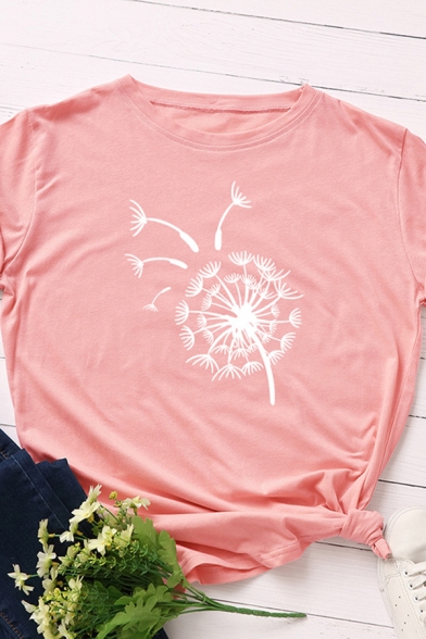 Daily Summer Rolled Short Sleeve Crew Neck Dandelion Pattern Slim Fitted T Shirt for Ladies