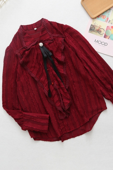 Fancy Gorgeous Ladies Long Sleeve Lapel Collar Bow Tie Ruffled Trim Relaxed Fit Chiffon Shirt Top in Burgundy