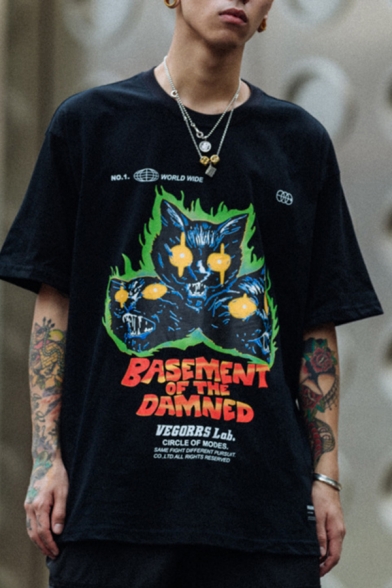Fashionable Guys Short Sleeve Crew Neck Letter BASEMENT OF THE DAMNED Cartoon Devil Graphic Relaxed T-Shirt