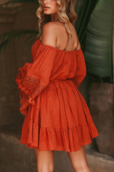 Gorgeous Ladies Red Bell Sleeves Off the Shoulder Stringy Selvedge Hollow Out Bow Tie Waist Ruffled Mini Pleated A-Line Dress for Vacation