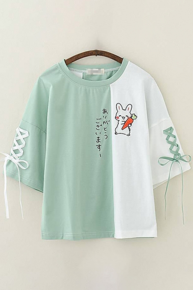 Kawaii Womens Three-Quarter Sleeve Round Neck Lace Up Japanese Letter Rabbit Graphic Color Block Loose Fit T Shirt