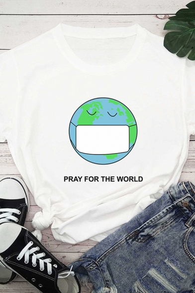 Leisure Girls Roll Up Sleeve Crew Neck Letter PRAY FOR THE WORLD Cartoon Pattern Relaxed Graphic T Shirt