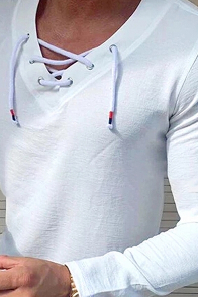 Leisure Mens Long Sleeve Lace Up V-Neck Plain Slim Fitted Linen Tee Top