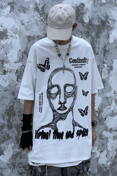 Letter Continuity Butterfly Abstract Face Graphic Half Sleeves Dropped Shoulder Crew Neck Oversize Stylish Tee Top