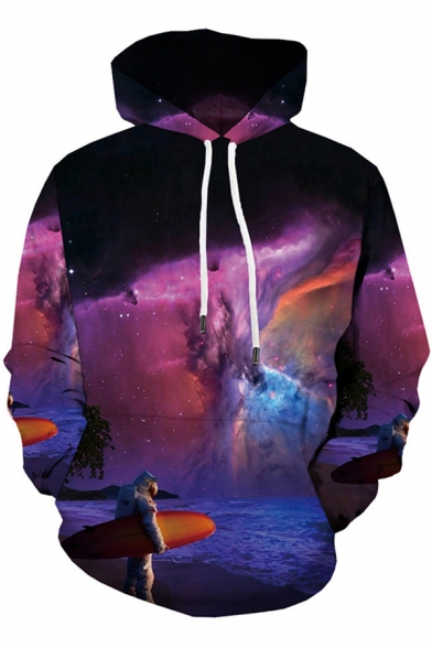 Popular Boys Long Sleeve Drawstring Galaxy Sea 3D Astronaut Printed Pouch Pocket Relaxed Fit Hoodie in Purple and Black