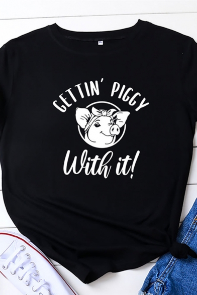 Popular Womens Rolled Short Sleeve Round Neck Letter GETTIN PIGGY WITH IT Pig Graphic Slim Fit T Shirt