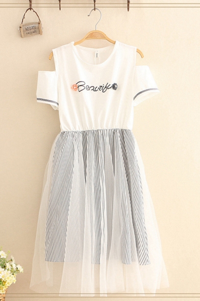 Pretty Ladies Short Sleeve Cold Shoulder Letter BEAUTIFUL Floral Pearl Panel Stripe Print Sheer Mesh Patchwork Long Pleated A-Line Tee Dress