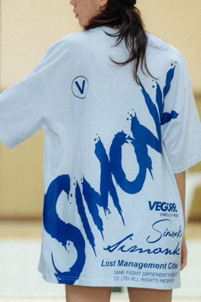 Streetwear Mens Short Sleeve Crew Neck Letter SIMONK Print Oversize T Shirt