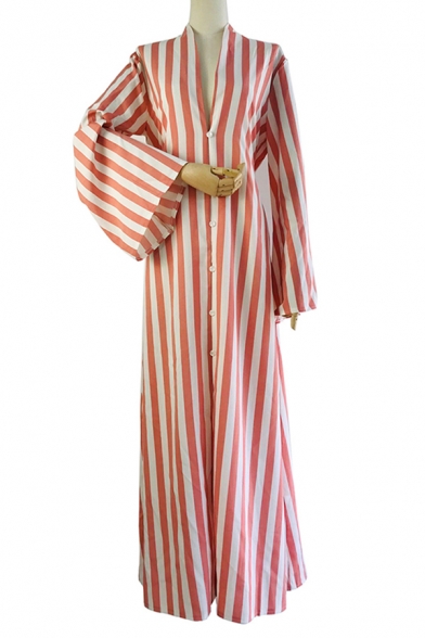Trendy Ladies Long Sleeve Deep V-Neck Button Up Stripe Print Bow Tie Waist Maxi Flowy Dress