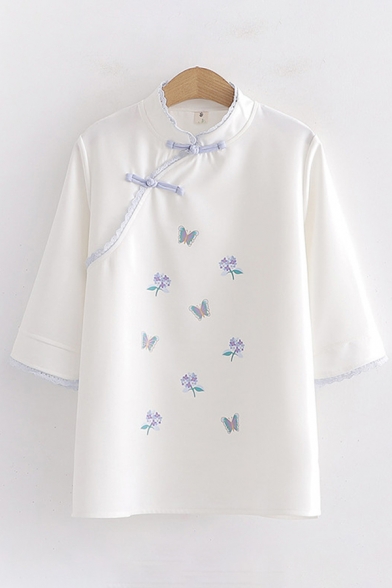 Vintage White Three-Quarter Sleeve Mandarin Collar Oblique Frog Button Up Butterfly Floral Print Lace Trim Loose Blouse