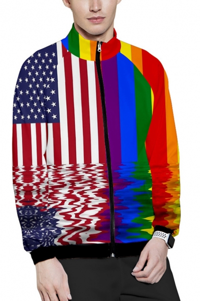 Fance Mens Long Sleeve Mock Neck Zipper Front Stripe Flag Fist Flower Heart Printed Relaxed Colorful Sweatshirt