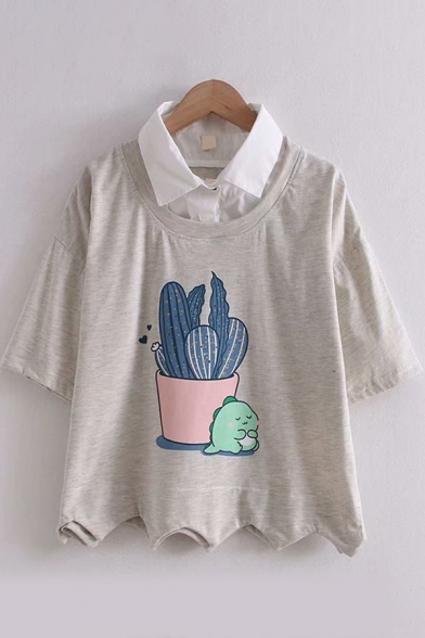Fashionable Womens Short Sleeve Lapel Neck Cactus Dinosaur Print Scalloped False Two Piece Loose Tee Top