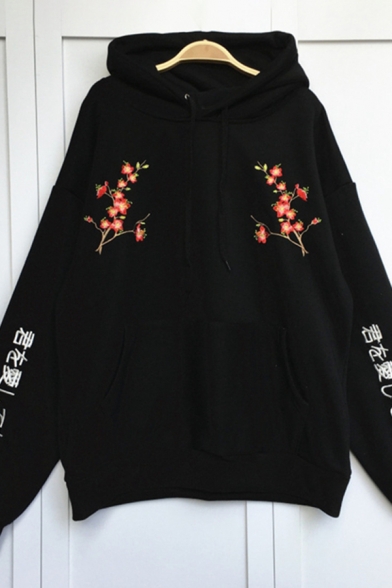 Korean Style Womens Long Sleeve Drawstring Floral Japanese Letter Embroidery Pouch Pocket Sherpa Liner Oversize Hoodie