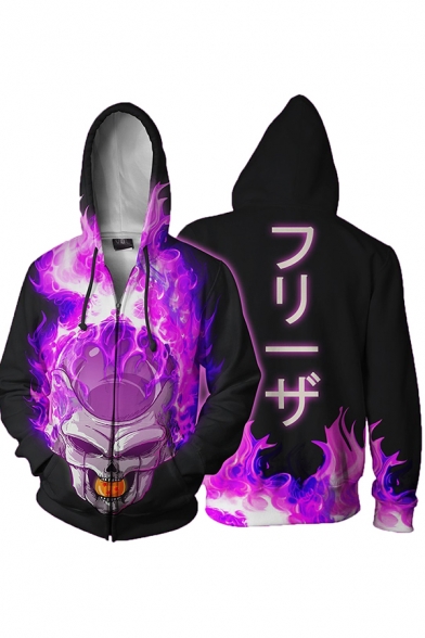 Mens Trendy Long Sleeve Drawstring Zipper Front Japanese Letter Flame Skull 3D Cosplay Pattern Colorblock Relaxed Hoodie in Purple