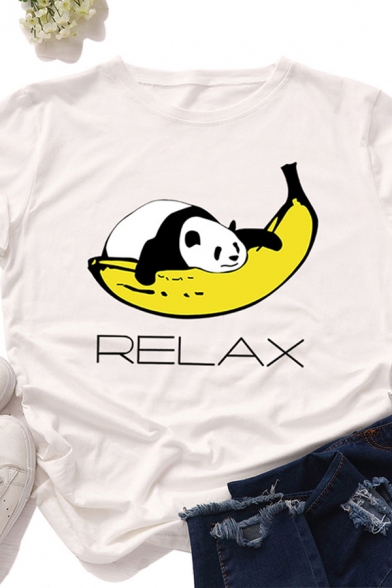 Popular Girls Roll Up Sleeve Crew Neck Letter REALX Panda Banana Graphic Fitted Tee Top