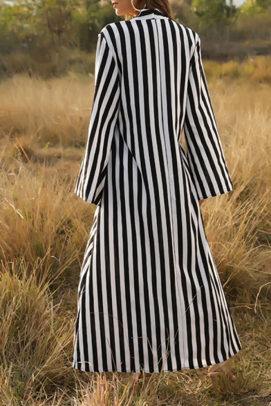 Trendy Ladies Long Sleeve Deep V-Neck Button Up Stripe Print Bow Tie Waist Maxi Flowy Dress