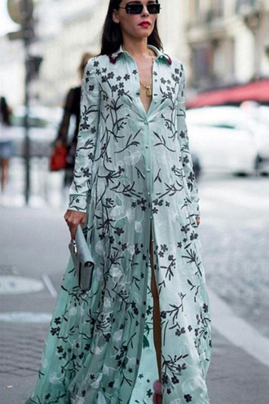 

Chic Womens Green Long Sleeve Spread Collar Button Up All Over Floral Printed Maxi Swing Shirt Boho Dress, LM617382