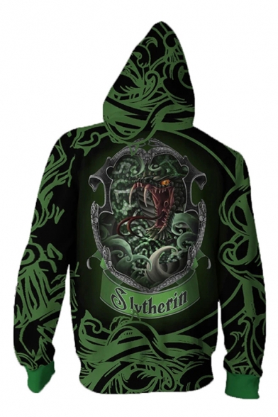 Classic Movie Cosplay Long Sleeve Drawstring Zipper Front Letter Cartoon 3D Graphic Relaxed Hoodie in Green