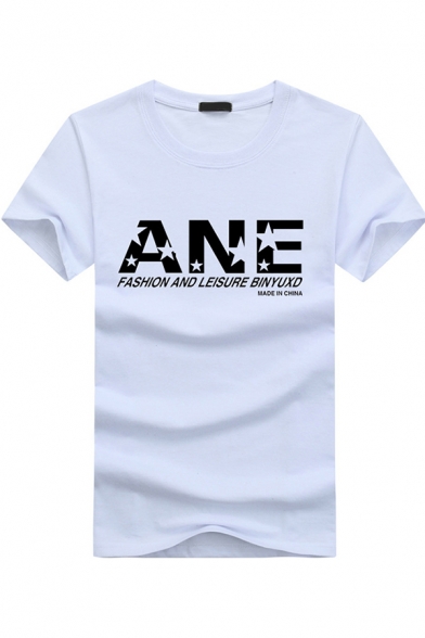 Cool Boys Short Sleeve Round Neck Letter ANE Print Slim Fitted T Shirt