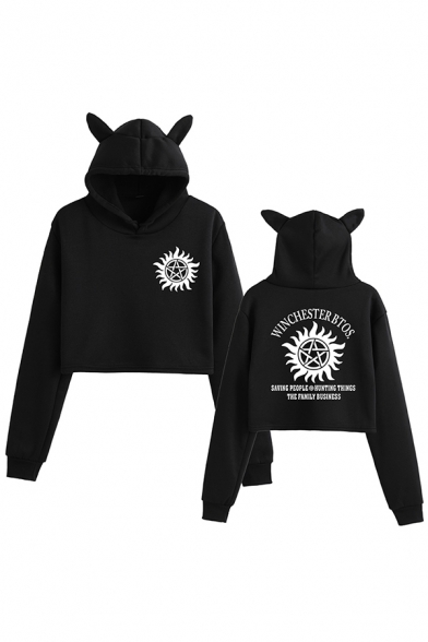 Cool Girls Long Sleeve Pentagram Letter WINCHESTERBTOS Graphic Relaxed Fit Crop Ears Hoodie
