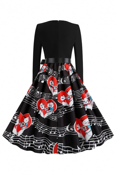 Cute Girls Cat Note Printed Panel Bow Tie Waist Long Sleeve Round Neck Mid Pleated Swing Dress in Black