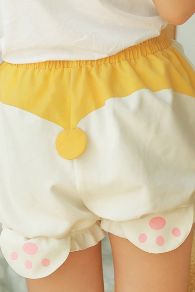 Cute Kawaii Girls Elastic Waist Paw Pattern Stringy Selvedge Fuzzy Colorblock Fit Shorts in Apricot