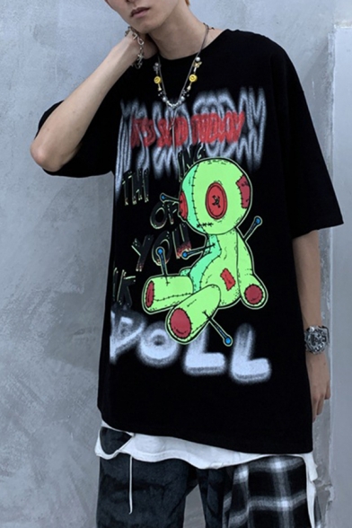 Dark Boys Graffiti Letter It's Sad Today Puppet Graphic Half Sleeves Crew Neck Relaxed Fitted T-Shirt