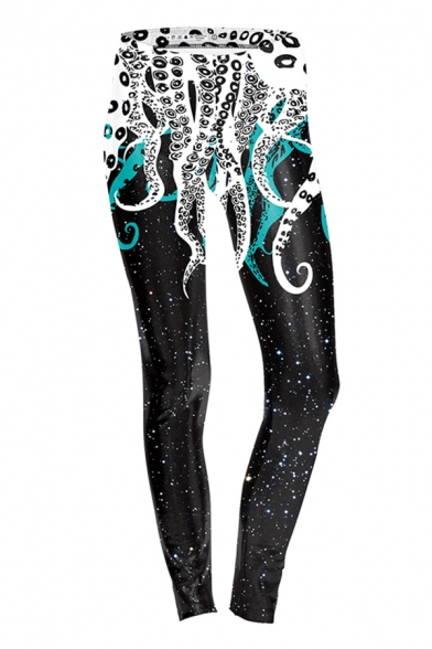 Designer Black Elastic Waist Octopus Starry Sky Printed Stretchy Ankle Skinny Leggings for Women