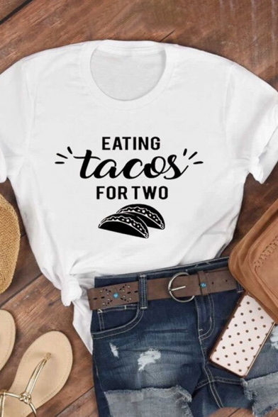 

Fancy Girls Roll Up Sleeve Crew Neck Letter EATING TACOS FOR TWO Taco Graphic Relaxed Fit T Shirt, Pink;white;gray;olive, LM618829